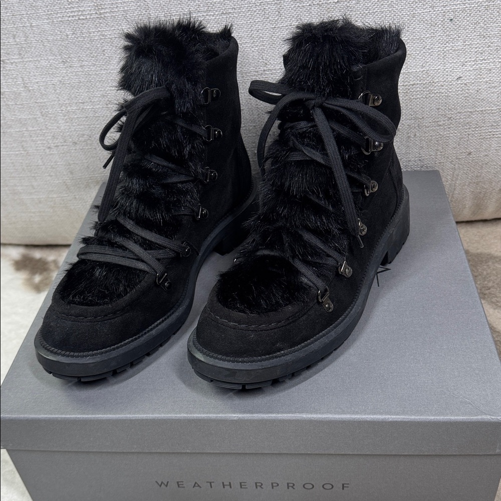 Aquatalia Waterproof Black Suede Faux Fur & Shearling Combat Hiking Boots Size 8